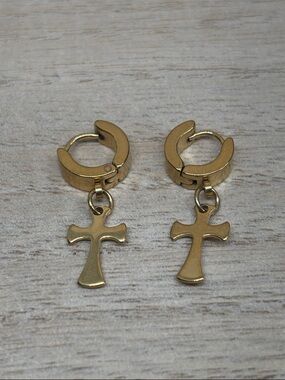 Gold Cross Huggie Hoop Earrings - Dangle Cross Charm